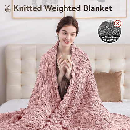 Knitted Weighted Blanket Adult, No Beads Heavy Blanket 48” x 72'' 15lbs, Breathable Chunky Knit Blanket, Cooling Weighted Blanket for Hot Sleepers, Christmas Home Decor (HoneyPink)