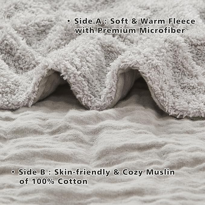 EMME Muslin and Fleece Twin Blanket Reversible - 60"*80" Grey Soft Warm Throw Blankets for Couch Bed Picnic Travel Bed