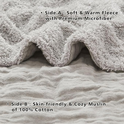 EMME Muslin and Fleece Twin Blanket Reversible - 60"*80" Grey Soft Warm Throw Blankets for Couch Bed Picnic Travel Bed