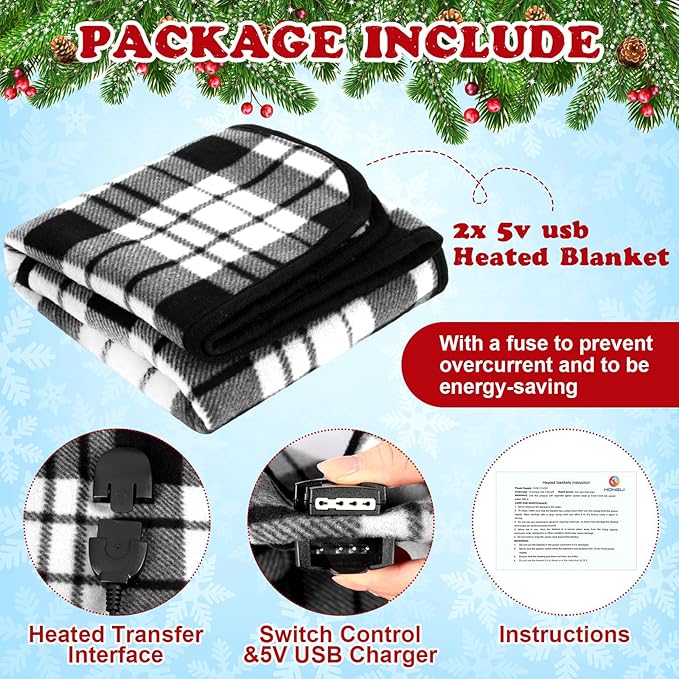 Tuanse 2 Pcs USB Heated Blanket 25"x35" Small Portable 5v 3 Setting Electric Blanket with Timer and Temperature Controller Winter Wearable Recharge Throw for Travel Home(White and Black Stripes)
