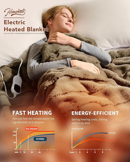 Homemate Electric Heated Throw Blanket - 50"x60" Luxury Faux Fur Heating Bed Blankets with 10 Heating Levels 8 Hours Auto Off Fast Heating Over-Heated Protection Ultra Soft Warm Flannel ETL Certified