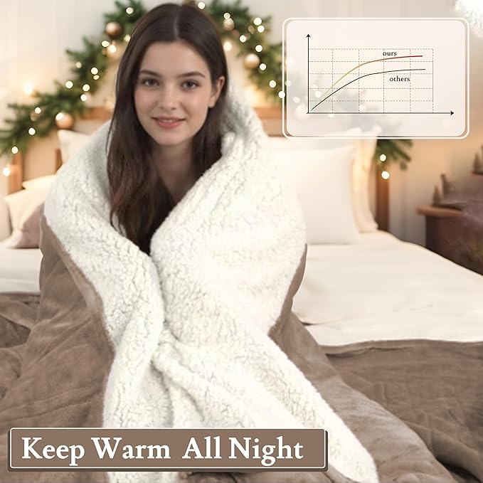Electric Heated Blanket 72"x84" Full Size Flannel & Sherpa - 4 Heat Settings & 10H Auto Shut Off for Safe Overnight Use, Fast Heating, Machine Washable for Bed, Couch, Office - Brown