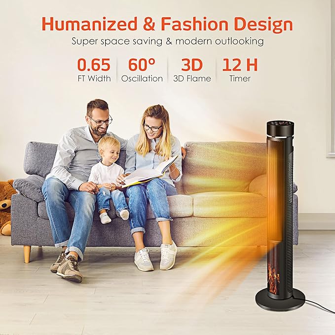 Electric Space Heater for Large Room - 36" Ceramic Tower Space Heater for Room Heating w/Thermostat, Fast Heating, 3D Realistic Flame, Oscillating, Remote Control, Ideal for Home/Livingroom
