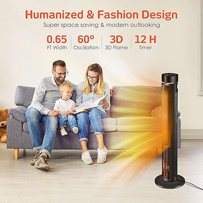 Electric Space Heater for Large Room - 36" Ceramic Tower Space Heater for Room Heating w/Thermostat, Fast Heating, 3D Realistic Flame, Oscillating, Remote Control, Ideal for Home/Livingroom