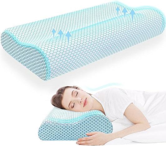 CloudBliss Memory Foam Pillow, Ergonomic Neck Contour Cervical Pillow for Back and Shoulder Pain, Orthopedic Pillow for Neck Pain Relief, for Sleeping Side, Back, Stomach Sleepers - Blue, Queen