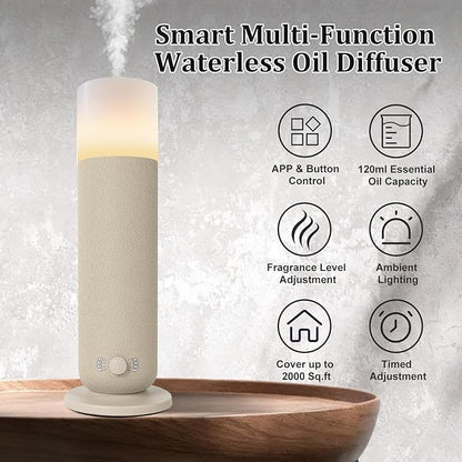 Smart Waterless Essential Oil Diffuser,Scent Diffuser for Home,Hotel Collection Diffuser APP Control,Ambient Lighting,Covers Up to 2000 Sq.Ft Aromatherapy Diffuser for Bedroom Spa Yoga Office Beige
