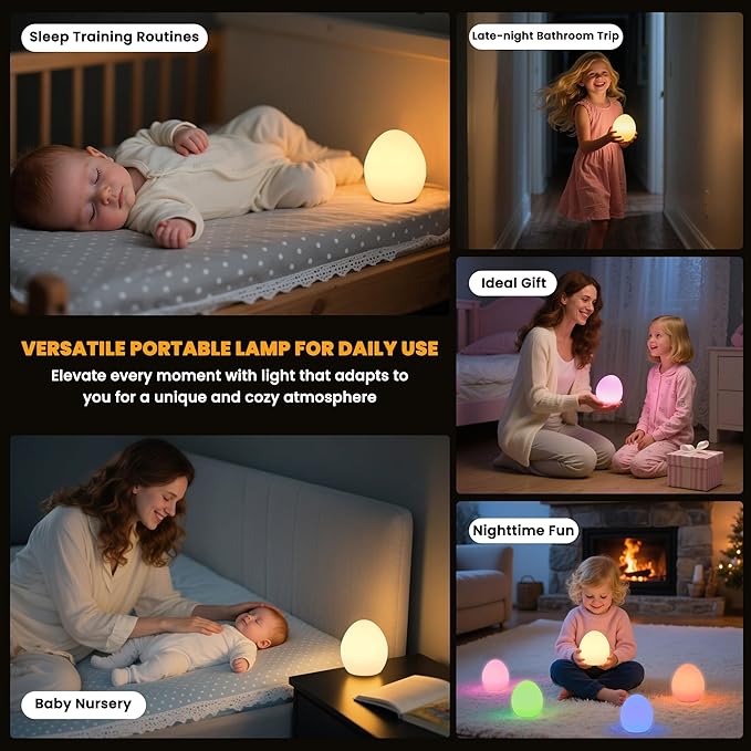 Baby Night Light: 16 Colors Changing Silicone Egg Light for Nursery, Rechargeable Touch Nightlight for Kids with Timer & Mermory, Dimmable Portable Nursery Night Light for Breastfeeding