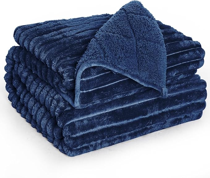 Sherpa Fleece Weighted Blanket with 3D Ribbed Stripes, 15 lbs Soft Flannel Heavy Throw Blanket for Couch Bed Sofa, Heavy Thick Blankets with Glass Beads, Comfort for Cozy Evenings, 60" x 80"