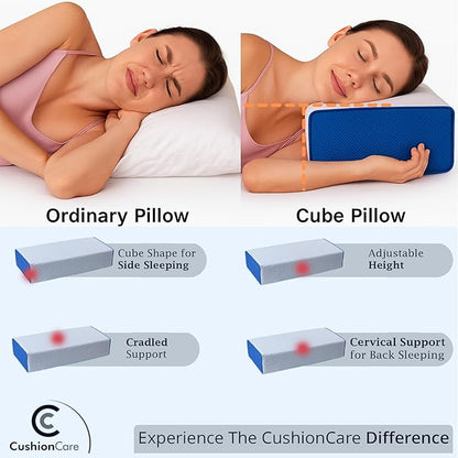 Cube Pillow for Side Sleepers – Adjustable Height 4–5" – Cooling Memory Foam – Cervical Pillow for Neck & Shoulder Pain Relief – Rectangular Pillow with Washable Ventilated Cover & Sleeping Mask