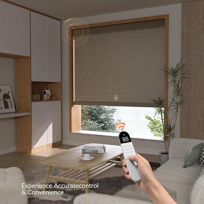 Boolegon Motorized Roller Blinds with Remote Control,Light Filtering Linen Fabric-Matched Automatic Roller Shades for Windows,Rechargeable Electric Window Shades for Home,Office,Brown,Custom Now