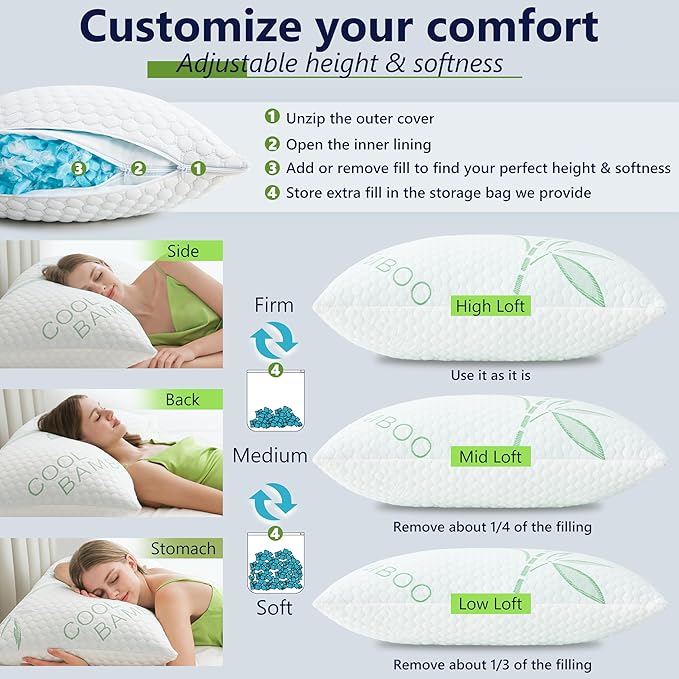 Cooling Pillows, Shredded Memory Foam Pillows Standard Size Set of 2 Adjustable Firm Bamboo Bed Pillows for Hot, Side, Back and Stomach Sleepers
