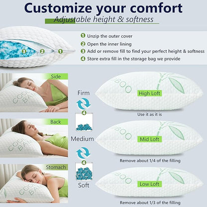 Cooling Pillows, Shredded Memory Foam Pillows Standard Size Set of 2 Adjustable Firm Bamboo Bed Pillows for Hot, Side, Back and Stomach Sleepers