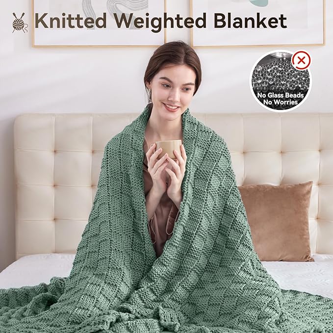 Knitted Weighted Blanket for Adult, No Beads Heavy Blanket 50” x 60'' 10lbs, Breathable Chunky Knit Blanket, Cooling Weighted Blanket for Hot Sleepers, Christmas Home Decor (Light Green)