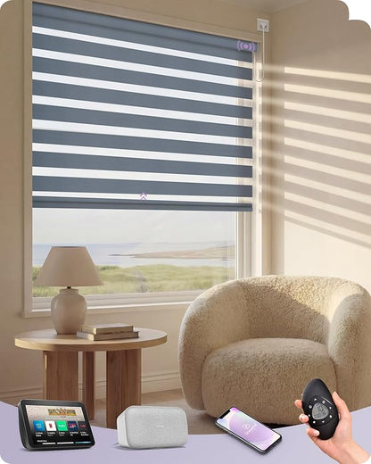Graywind Motorized Blinds with Remote, Smart Zebra Shades for Windows, Hardwired Roller Blinds Compatible with Apple Homekit, Alexa, Google Home, Custom Size, Luxury Blue Grey