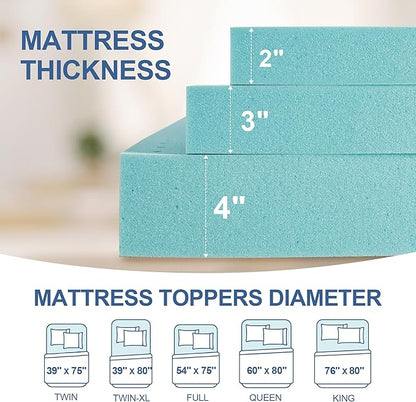 3 Inch Memory Foam Mattress Topper King, Mattress Pad Gel Infused Foam Bed Topper, Ventilated Soft Blue,King Size