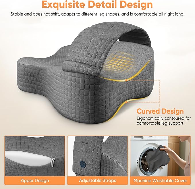 Knee Pillow for Side Sleepers, Leg Pillow for Side Sleeping, Sciatica Pain Relief Pillow, Hip Pillow with Ergonomic Memory Foam – Large Gray Cushion for Thigh, Knee, Back & Leg Support