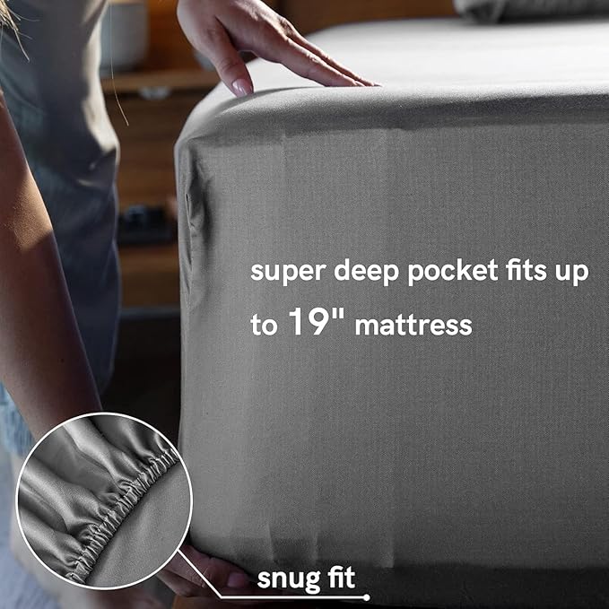 YnM Cooling Bed Sheet Set with 100 Percent Rayon Derived from Bamboo, 400TC Fabric with 2 Pillowcases and Flat Sheet, Deep Pocket Fit 19'', Silky-Soft & Sweat Wicking, 4 Piece (Queen, Dark Grey)