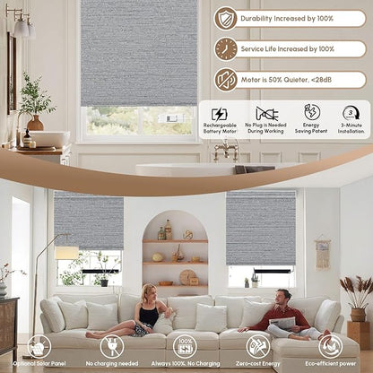 Kincmo No Drill Motorized Blinds with Remote, 100% Blackout Roller Shades for Windows, Custom Electric Blinds Compatible with Alexa, Apple Homekit, Google Home (100% Blackout Elegant Grey)