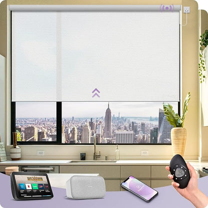 Graywind Motorized Roller Shades Compatible with Alexa Google Hardwired WiFi Smart Light Filtering Blind Remote Automated Blinds Electric Window Shade, Custom Size (1% Openness Solar White)