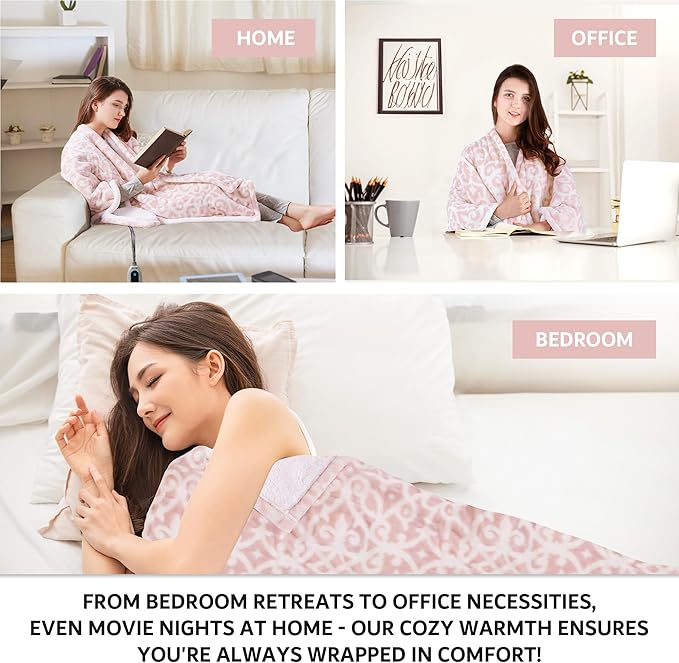 Beautyrest Wearable Electric Poncho Wrap Blanket, Ultra Soft Sherpa & Berber Fleece Heated Throw, UL Certified & Oeko-TEX, 3 Heat Settings & 2 Hour Auto Shutoff, Gift-Ready, 50" x 64", Blush Lattice