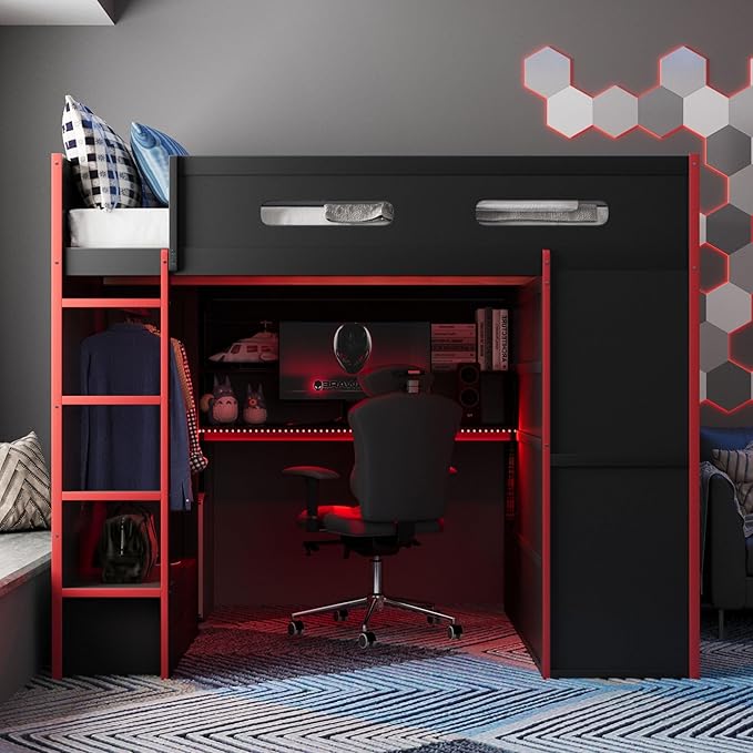 GOWE Full Size Wood Loft Bed with Desk,Wardrobe,Ample Storage Space,and RGB Light, Red(Old SKU:LT000261AAR)