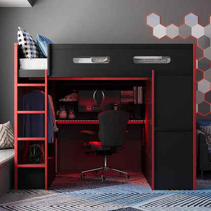 GOWE Full Size Wood Loft Bed with Desk,Wardrobe,Ample Storage Space,and RGB Light, Red(Old SKU:LT000261AAR)