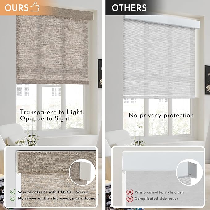 Persilux Light Filtering Roller Shades for Window Blinds,Cordless,Linen Fabric,Thermal Insulated Fabric UV Protection Shades for Home,Office,Bedroom,Door,Light Filtering-Light Brown,27 1/2" W X 72" H