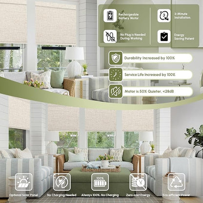 FineTell Motorized Blinds with Remote, 100% Blackout Roller Shades Compatible with Alexa,Apple Homekit,Google Home APP and Voice Control, Customized Electric Blinds (100% Blackout Classic Warm)