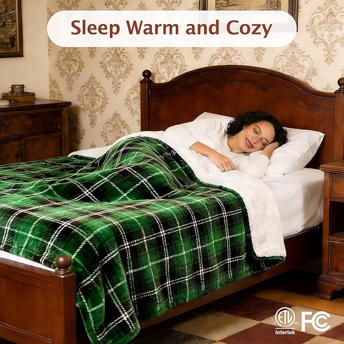 Green Christmas Electric Heated Blanket 50"x60", Fast Heated Throw with 8 Hours Auto Off/8 Heats Levels, Soft Plaid Sherpa with ETL Certification, Gift for Women Adults Keep Warm in Home Office