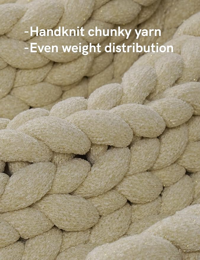 YnM Chenille Weighted Blanket, Handmade Chunky Knitted Design, Soft and Cozy, Temperature Regulating and Breathable, Machine Washable Throw for Sleep or Home Decor (Sparkling White, 60x80 Inch, 15lbs)