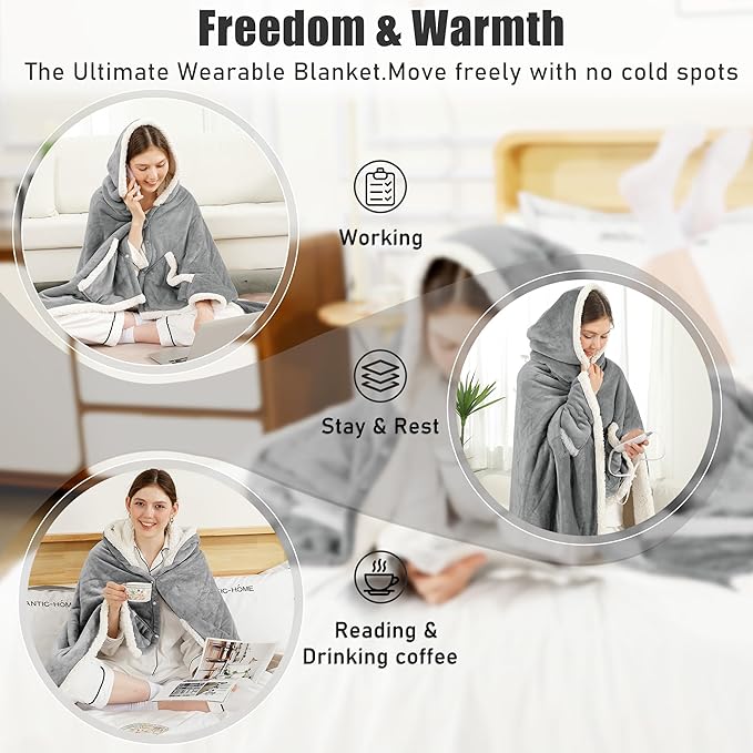 Heated Blanket Wearable Shaw - Electric Wrap Poncho Heated Throw Blanket with Hand Pockets, 50 * 64", 6 Heating Levels & 1-4H Timer, Ideal for Family, Light Grey
