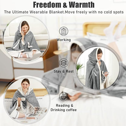 Heated Blanket Wearable Shaw - Electric Wrap Poncho Heated Throw Blanket with Hand Pockets, 50 * 64", 6 Heating Levels & 1-4H Timer, Ideal for Family, Light Grey