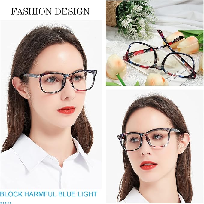 MARE AZZURO Blue Light Blocking Reading Glasses Women Computer Readers 100 125 150 175 200 225 250 275 300 350 400 500 600 (Black-floral, 1.25)