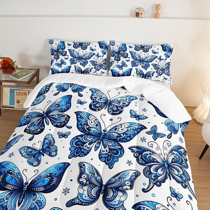 Blue Butterfly Comforter Bedding Set Twin Size,Bohemian Style Blue Series Bedding for Kids Girls Boys,Insect Themed Children's Bedding Soft Fluffy Comforter Sets with 2 Pillowcases.