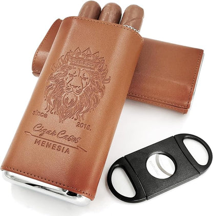 Brown Cigar Case with Cutter - Portable Leather Travel Cigar Holder and Pouch Kit for Men