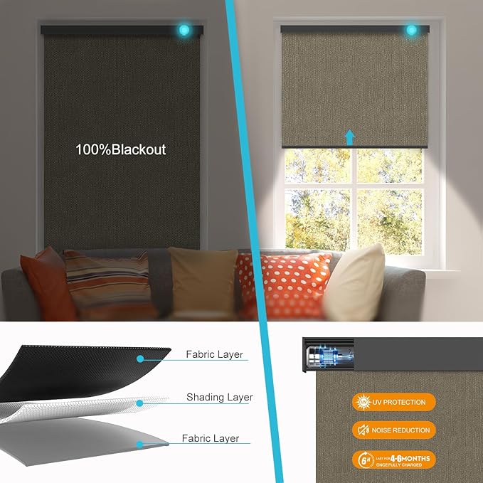 Motorized Blinds with Remote, 100% Blackout Smart Blind Roller Shades Compatible with Alexa Homekit, Automatic Electric Shades for Windows Customized Size（Elegant-Brown）