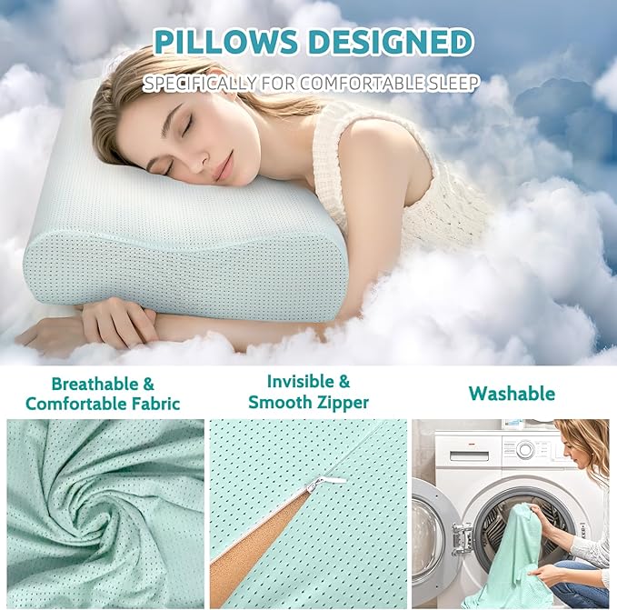 Ergonomic Cervical Memory Foam Pillow for Neck Pain Relief - Adjustable Contour Pillow for Side, Back, Stomach Sleepers - Orthopedic Neck Support with Cooling Washable Cover Blue
