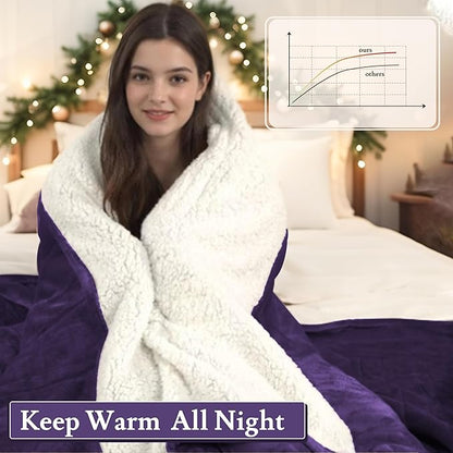 Electric Heated Blanket 72"x84" Full Size Flannel & Sherpa - 4 Heat Settings & 10H Auto Shut Off for Safe Overnight Use, Fast Heating, Machine Washable for Bed, Couch, Office - Purple