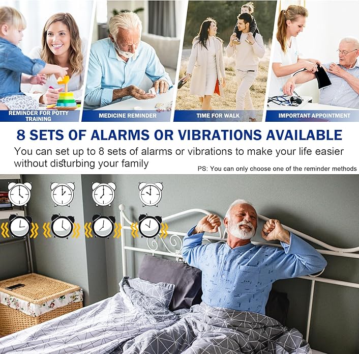 8 Vibrating Alarm Watch Medication Reminder Watch for Elderly Big Number Digital, Silent Alarm Wristband with Light and Timer 50 M Waterproof Watch