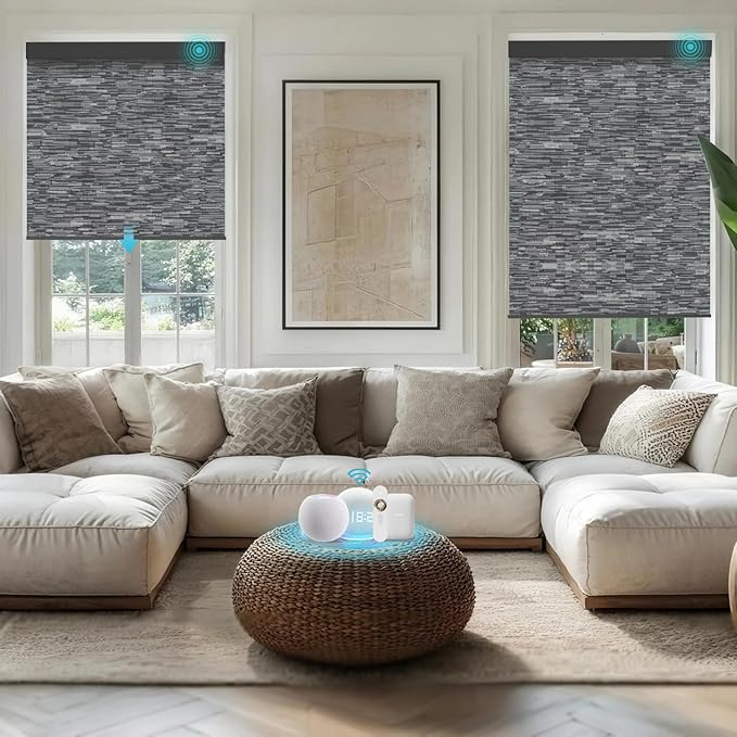 Motorized Blinds with Remote, Smart Blind Roller Shades Compatible with Alexa, Durable Rechargeable Battery Solar Power Electric Window Blinds Customized Size (Jacquard Dark Grey)