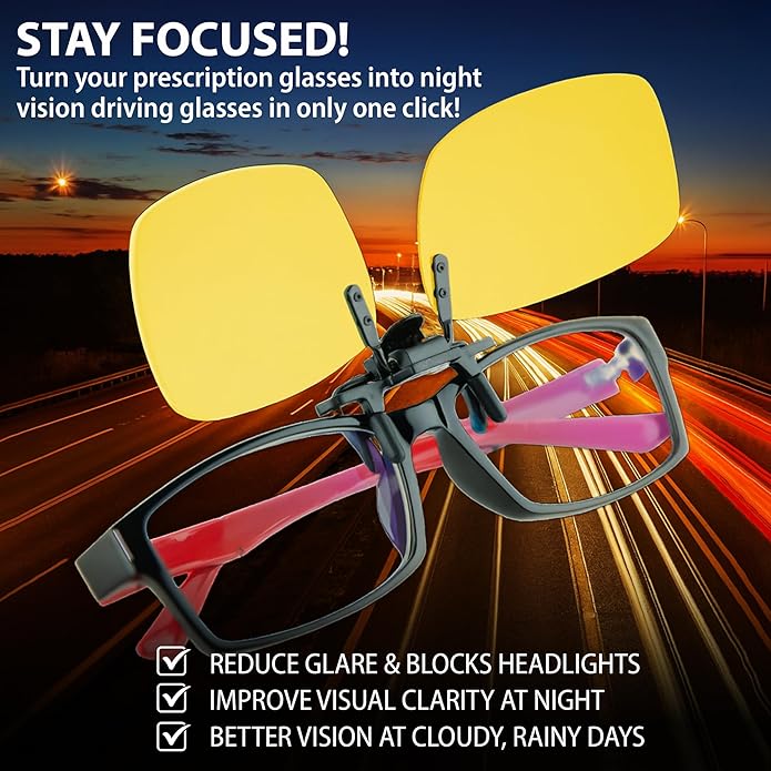 BLUE CUT Clip on Polarized Night vision Glasses Flip up Sunglasses UV-400 to Wear Over prescription Glasses for night driving