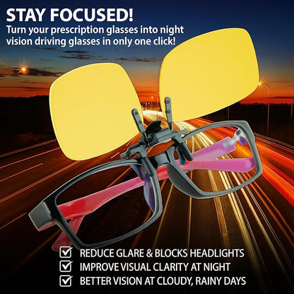 BLUE CUT Clip on Polarized Night vision Glasses Flip up Sunglasses UV-400 to Wear Over prescription Glasses for night driving