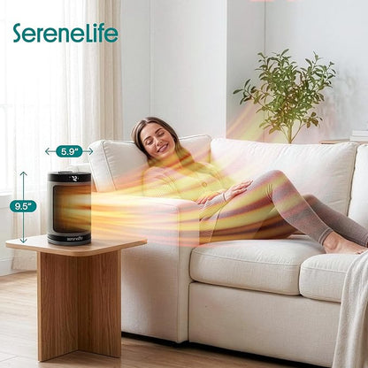 SereneLife Portable Space Heater – 1500W PTC Ceramic Electric Heater with Thermostat, Remote, 12-Hour Timer, 3 Heating Modes, Oscillation, Safe & Quiet for Home, Office, Bedroom (Gray)