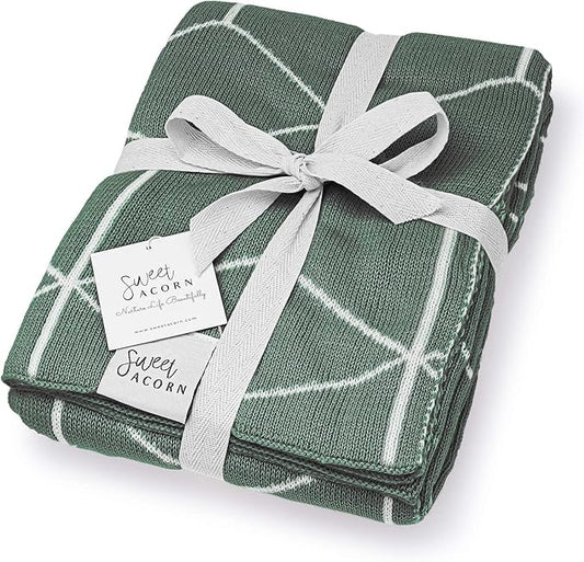 Knit Baby Blanket - Organic Cotton Baby & Toddler Receiving Blankets for Girls & Boys - Soft Knit Stroller/Throw Blankets - Geometric Pattern - Juniper Green