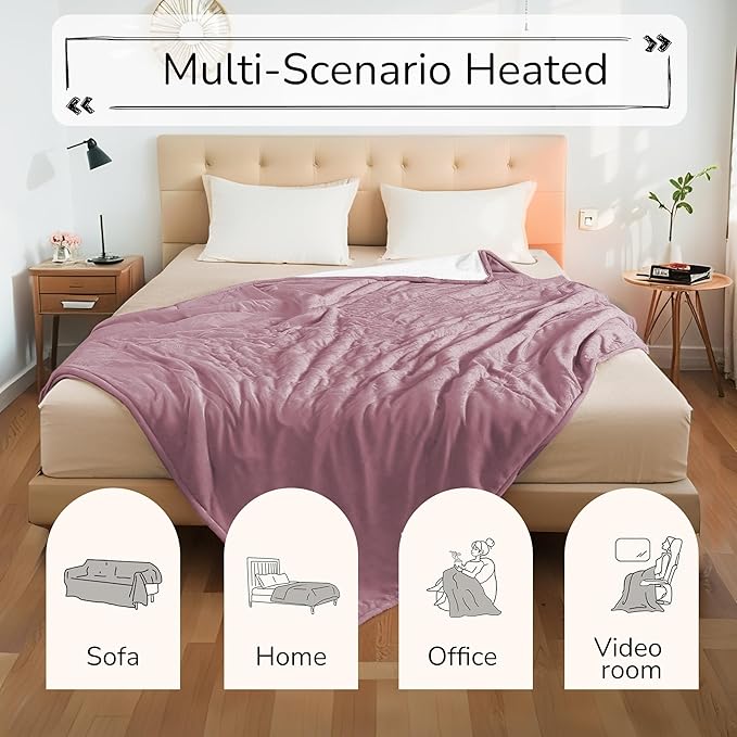 Electric Heated Blanket Queen Size 84"x90" - Dual-Sided with Microplush & Sherpa Fabric, 4 Heat Settings & 10 Hours Auto Off, Dual Controller, Machine Washable - Berry
