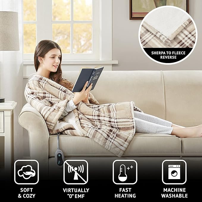 Beautyrest Wearable Electric Poncho Wrap Blanket, Ultra Soft Sherpa & Berber Fleece Heated Throw, UL Certified & OEKO-TEX, 3 Heat Settings & 2 Hour Auto Shutoff, Gift-Ready, 50" x 64", Tan Plaid