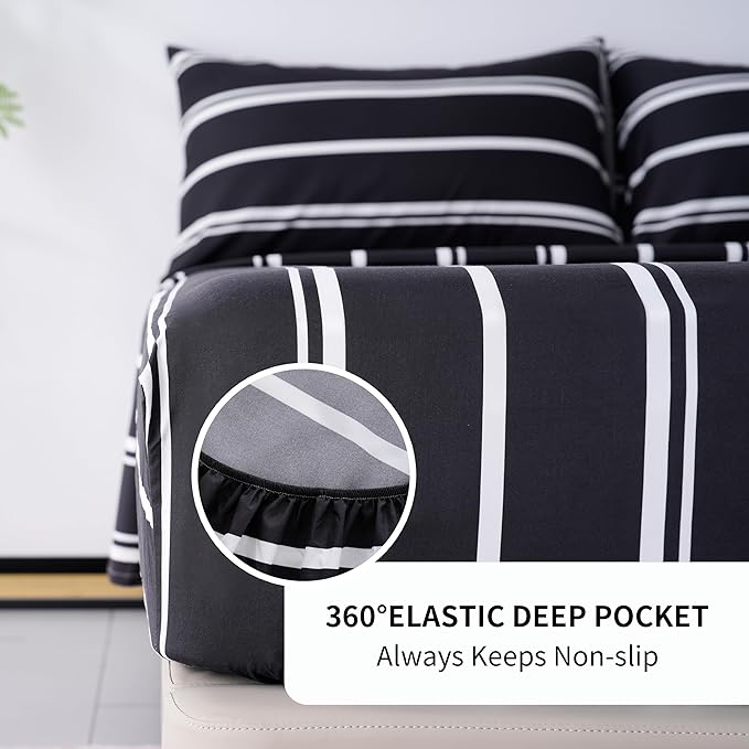 Best Season Stripe Bed Sheets Set,4 Piece Super Soft Microfiber Bedding-Deep Pocket,Ultra Soft,Fade & Wrinkle Resistant(Full Size,Black&White)