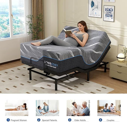 Vipbear Full Adjustable Bed Frame with Mattress, 14 Inch Grey Gel Memory Foam Firm Mattress in Box, Adjustable Bed Base with Pillow-Tilt,APP Control, Updated Electric Beds with USB,Wireless Remote