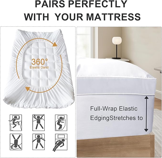 2 Inch Mattress Topper Queen Size Breathable Filled Soft Fluffy Supportive for Back Pain Relief, Bed Mattress Pad Pillow Topper with Extra Thick Padded Protector for 8"-21" Deep Pocket