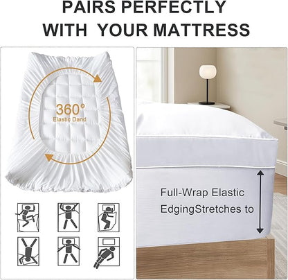 3 Inch Mattress Topper Full Size Breathable Filled Soft Fluffy Supportive for Back Pain Relief, Bed Mattress Pad Pillow Topper with Extra Thick Padded Protector for 8"-21" Deep Pocket